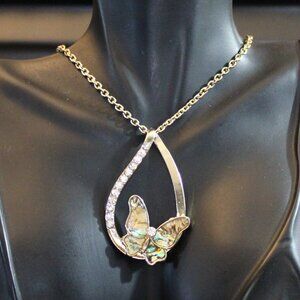 Rhinestone Abalone Butterfly Teardrop Pendant Necklace
